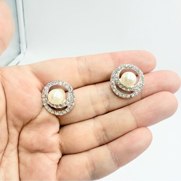 Monet Elegant Silver-Tone Earrings with Faux Pearls & Rhinestones - Picture 3 of 7